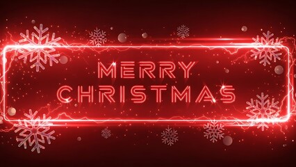 Glowing red neon merry christmas sign with snowflakes and bokeh
