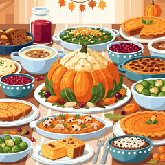 Bountiful harvest feast with a pumpkin centerpiece and classic Thanksgiving dishes on a festive table setting
