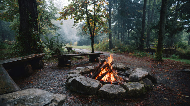 Cozy campfire in a misty forest with benches around