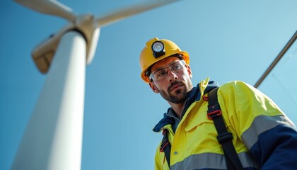 Man in yellow hard hat and glasses checks wind turbine construction. Worker wears safety vest and harness ready for work at tall energy tower.