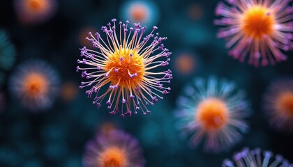 Microscopic view of dynamic cells with orange centers and purple spiky edges. These biological units appear to be in motion against a dark background. Scientific observation reveals life processes.