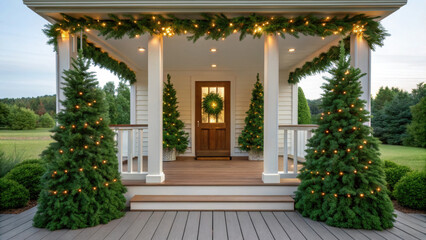 Obraz premium Christmas green energy eco friendly porch decorated with festive lights and wreaths creating joyful and sustainable holiday atmosphere