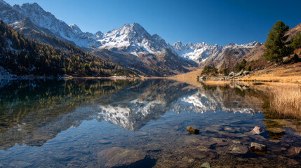 Serene mountain lake with clear water reflecting snow-capped peaks