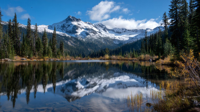 Picturesque mountain landscape with snow-capped peaks and calm reflective lake
