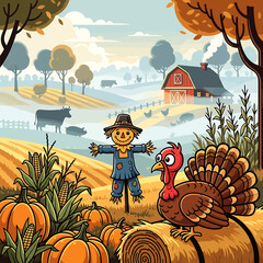 Joyful autumn harvest concept featuring a friendly cartoon turkey and scarecrow on a picturesque farm with pumpkins and a red barn