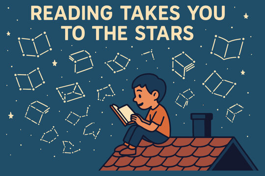 Boy reading on rooftop surrounded by floating books and stars