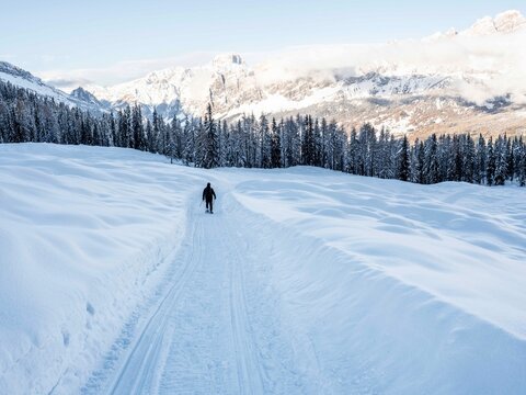 Ciaspolatore su sentiero innevato nelle Dolomiti orientali, Cortina d&rsquo;Ampezzo Belluno, paesaggio alpino autentico per turismo, sport outdoor, natura e promozione editoriale