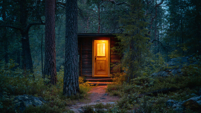 Cozy wooden cabin in the dense forest with warm light inside - Powered by Adobe