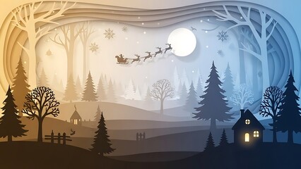 Santa claus flying over a snowy forest at night with a full moon