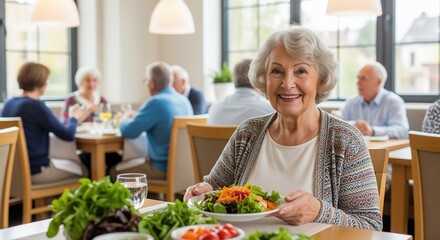 A smiling elderly woman enjoys a healthy meal with fresh vegetables in a bright dining room. Other seniors socialize in the background. Ideal for retirement and senior lifestyle content.