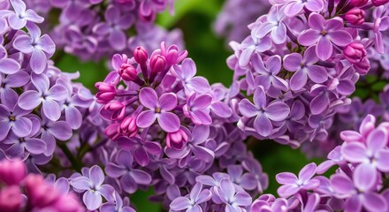 Lilac blooms in shades of purple and pink create a lush floral display. Delicate petals cluster together with green leaves in the background. Perfect for spring themes and garden designs.