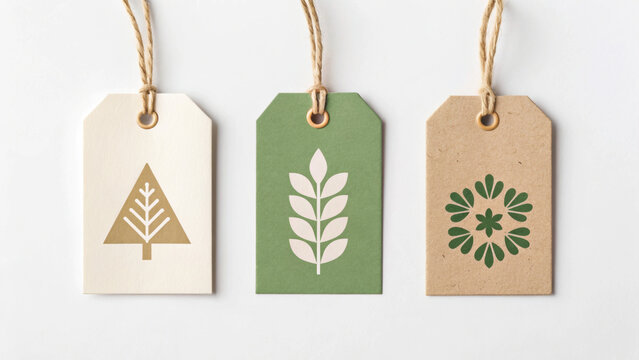 Christmas green energy eco friendly gift tags with natural paper and botanical designs create joyful sustainable holiday mood
