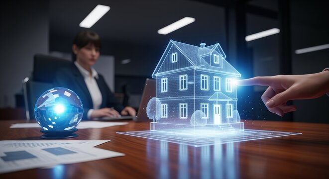 A holographic house model appears on a desk as a hand points to it. A woman works on a laptop nearby with a glowing globe. Perfect for real estate technology and digital property concepts.