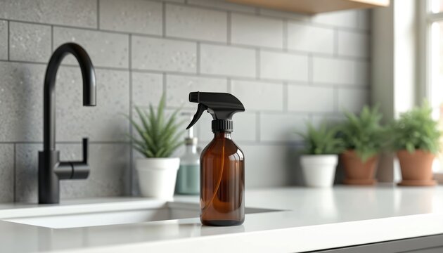 Brown glass spray bottle on modern kitchen countertop by sink. Natural DIY cleaning solution inside eco friendly reusable container. Zero waste household interior with black faucet, grey tiles, green