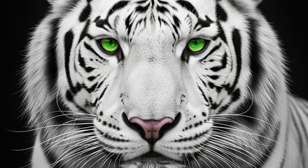 White tiger with striking green eyes stares directly at viewer against dark background. Bold black stripes frame intense gaze. Perfect for wildlife themes, nature projects, or bold designs.