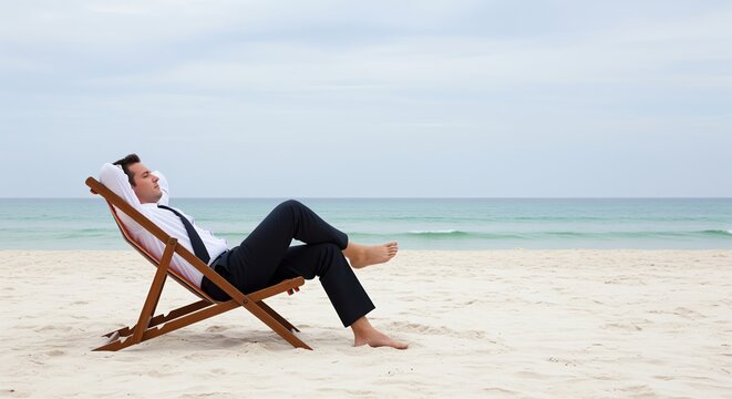 A man in formal business attire relaxes on a wooden beach chair along a peaceful sandy shore. The ocean and clear sky create a calm backdrop, perfect for work-life balance concepts.