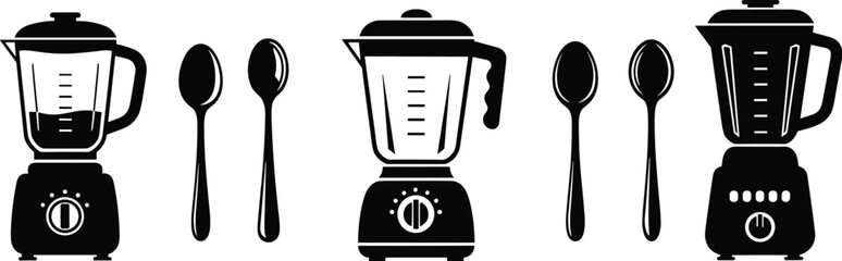 Stylized Blender and Spoon Icons in Row Featuring Design Variations in Container, Lid, Handle, and Shading in Minimalist Format