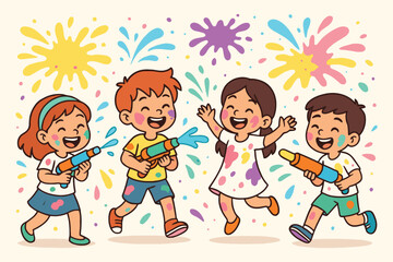 Happy children playing with water guns during a colorful festival celebration