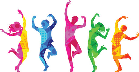 Vibrant dancing silhouettes, colorful abstract people jumping with energy, dynamic celebration movement illustration, festive artistic figures design for creative modern projects and joyful 