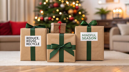 Christmas green energy eco friendly gifts wrapped in brown paper with green ribbon under tree promote mindful and sustainable holiday joy