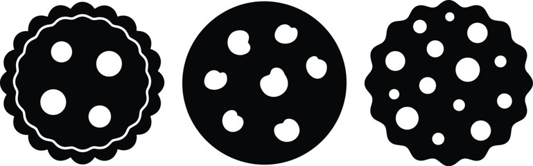 Stylized Cookie Silhouettes with Varied Edges and Chocolate Chip Patterns in Minimalist Black and White Culinary Icon Design Set