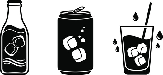 Stylized Cold Beverage Icons Featuring Ice Cubes in Bottle, Can, and Glass with Motion, Bubbles, and Splash Accents