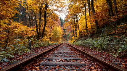 Autumn forest with railway tracks covered in fallen leaves
