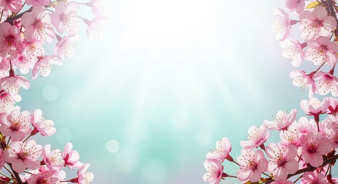 Pink cherry blossoms frame a soft blue background with gentle bokeh lights. Perfect for spring themes, wedding invitations, beauty products, or seasonal greeting cards and banners.