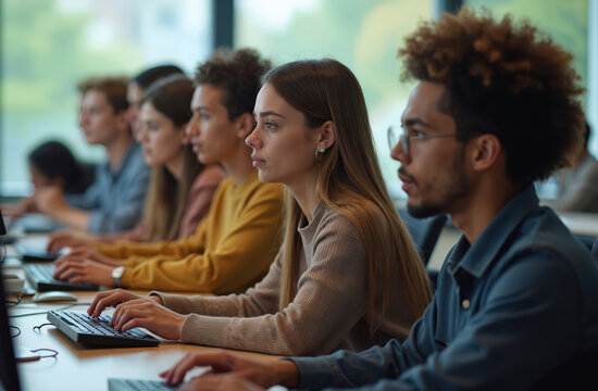 University students learn computers in classroom. Diverse young people study together in modern lab. Teens use laptops, gain knowledge in tech school. Future professionals prepare for jobs.