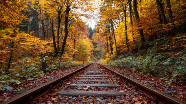 Autumn forest with railway tracks covered in fallen leaves