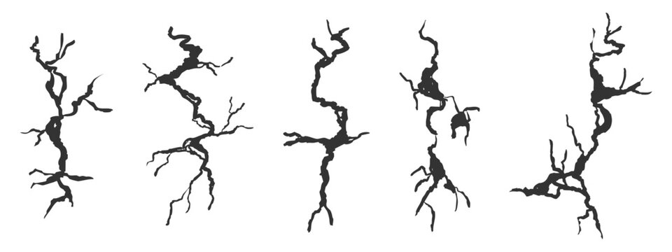 Crack wall, ground texture breaks on land surface. Ground fissure line sketch set. Crash fracture, land damage, earthquake