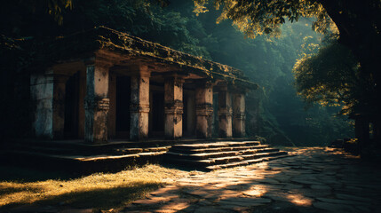 Obraz premium Ancient ruins surrounded by lush greenery in a serene forest setting