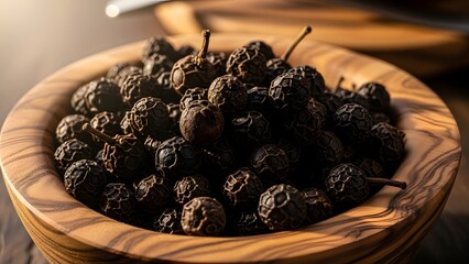 Black peppercorns in wooden bowl dark background food spice