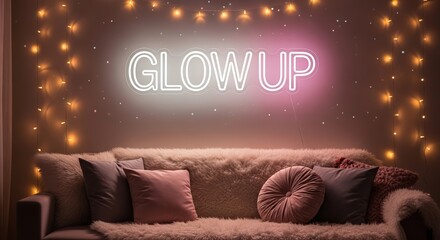 Interior of cozy gen z room, neon sign "GLOW UP" above sofa covered with fluffy fur throw. Decorative pillows in pastel shades of pink. LED string lights. Atmosphere is relaxed, intimate and dreamy