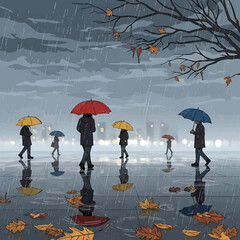 Atmospheric illustration of people with colorful umbrellas walking on a wet city street on a rainy autumn day