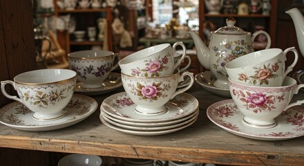 Collection of antique, porcelain teacups and saucers in a dusty antique shop. Flea markets and traveling through authentic shops. Vintage and unique tablewear, souvenirs and gifts