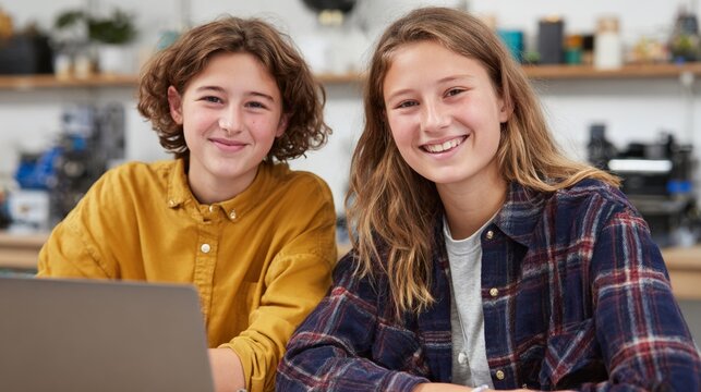 Two people sitting at a table with laptops. - Powered by Adobe