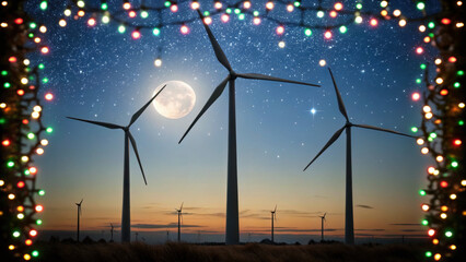 Christmas green energy eco friendly wind turbines under starry night sky with festive lights and full moon create joyful sustainable holiday scene