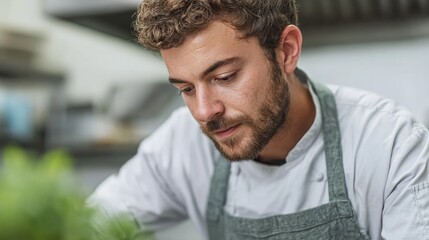 Obraz premium Man in chef uniform preparing food in restaurant kitchen.