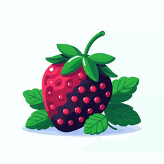 A stylized strawberry features twotone red and purple halves surrounded by green leaves and stem