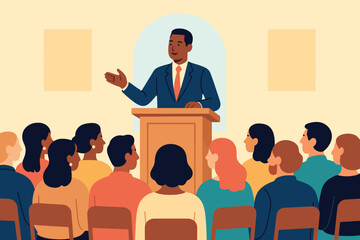Diverse audience listens attentively to a confident speaker at a podium