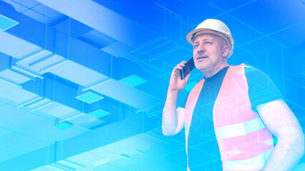 Construction site supervisor coordinates ceiling system work by phone, reviewing technical layout and managing installation tasks in a modern building project.