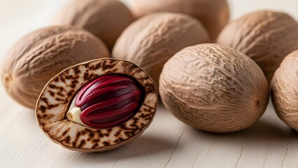 Whole nutmeg and mace seeds close up macro spice food ingredient