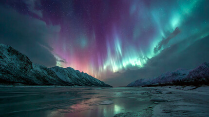 Spectacular aurora borealis illuminating a snowy mountain landscape at night