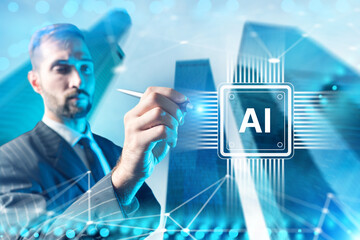 Artificial intelligence developer visualizes digital AI interface with a stylus, working on advanced algorithm concepts amid futuristic city technology backdrop.