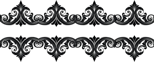 Elegant Black Baroque Ornament Borders Featuring Swirls and Acanthus Leaves, Ideal for Vintage Decorations, Luxury Frames, and Decorative Scrollwork Elements.