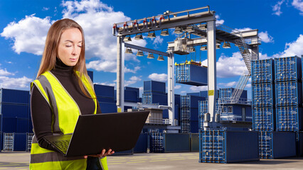 Port logistics coordinator monitors container handling operations on a laptop, overseeing cargo movement and crane activity in a busy shipping terminal.