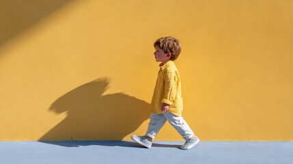 A young boy walking along a yellow wall on a sunny day.