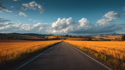 Naklejka premium A scenic road through golden fields under a blue sky with clouds
