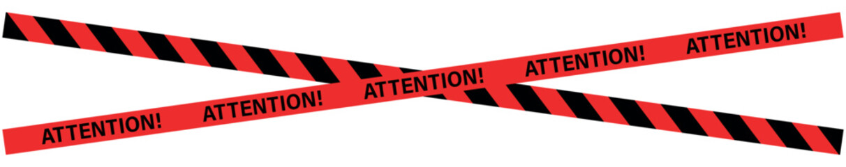 Two crossed red and black striped attention tape strips on a plain white background creating an x shape , ribbons, stripes, tape